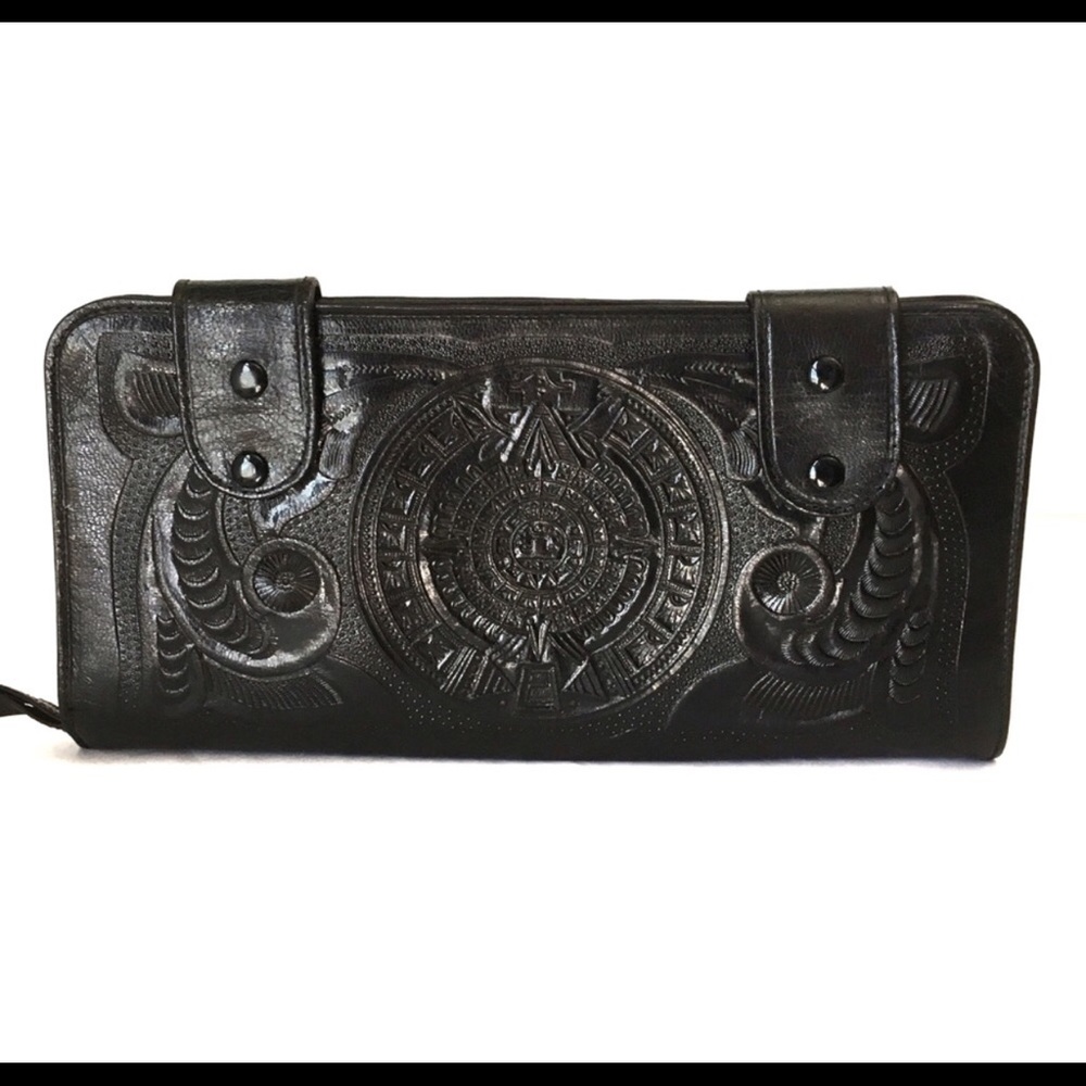 💋 Mayan Sun God Tooled leather clutch